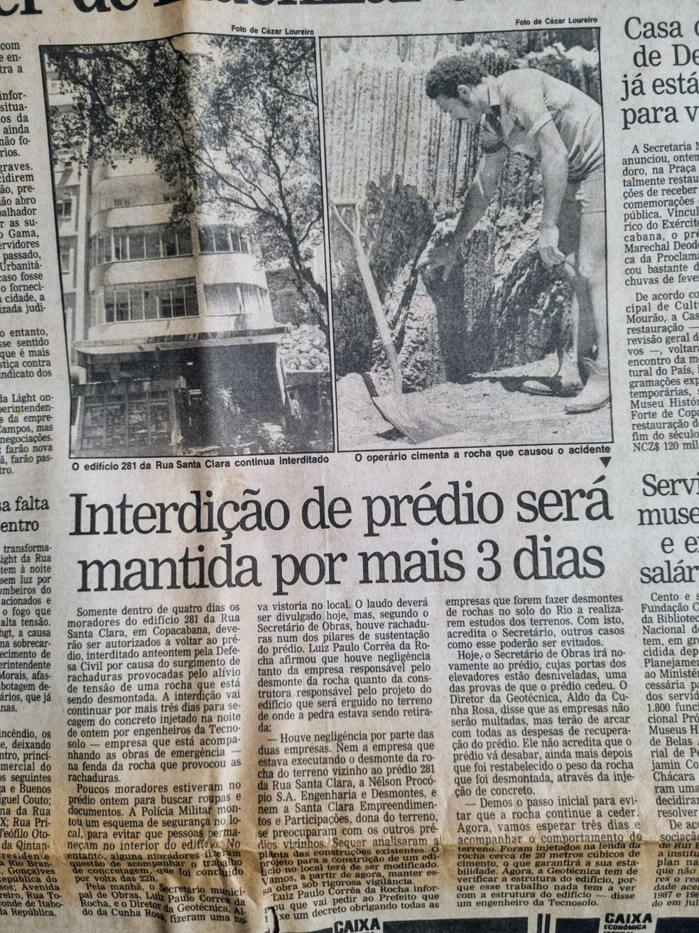 Recorte de matéria do GLOBO de 1989 abordando o problema foi guardado por moradores — Foto: Divulgação