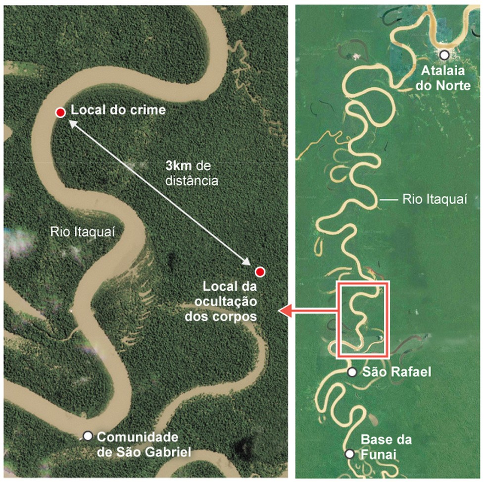 Mapa mostra local em que corpos foram encontrados em buscas por Bruno Pereira e Dom Phillips — Foto: O Globo