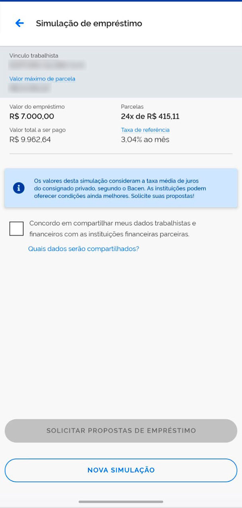 Crédito do trabalhador consignado CLT passo a passo tela 6 simulação — Foto: Reprodução