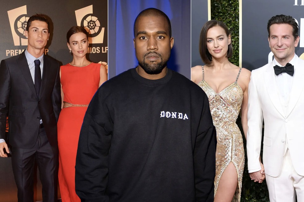 Irina Shayk com CR7 (foto à esquerda), Kanye West (no meio), e a modelo com Bradley Cooper — Foto: Getty Images