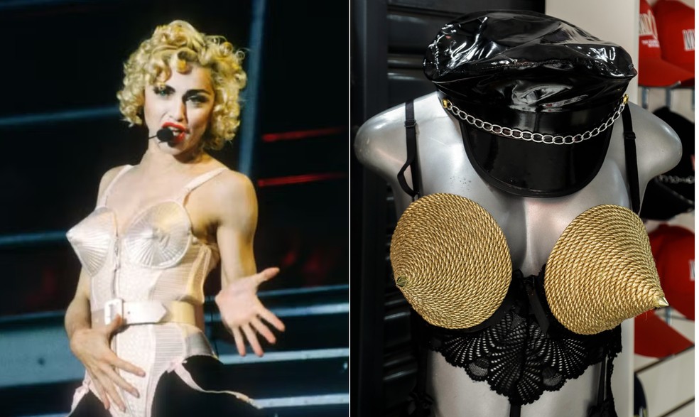 O icônico sutiã de cone de Jean Paul Gaultier usado por Madonna em 1990 foi recriado e está à vendas em várias lojas — Foto: Getty Images/ Gabriel de Paiva/ Agência O Globo