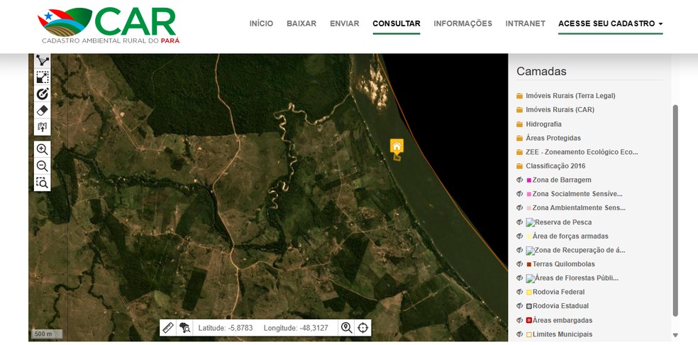 Localiza&ccedil;&atilde;o da Fazenda BV em cima do rio no sistema do CAR do Par&aacute; &mdash; Foto: Reprodu&ccedil;&atilde;o