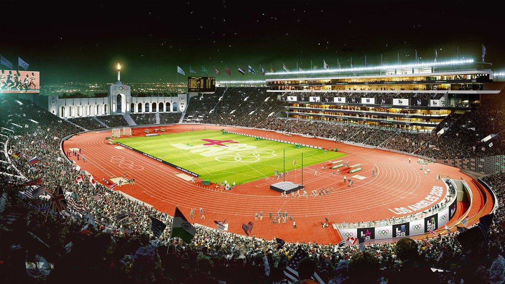 O Los Angeles Memorial Coliseum, sede do atletismo nos Jogos de Los Angeles-2028 — Foto: Divulgação
