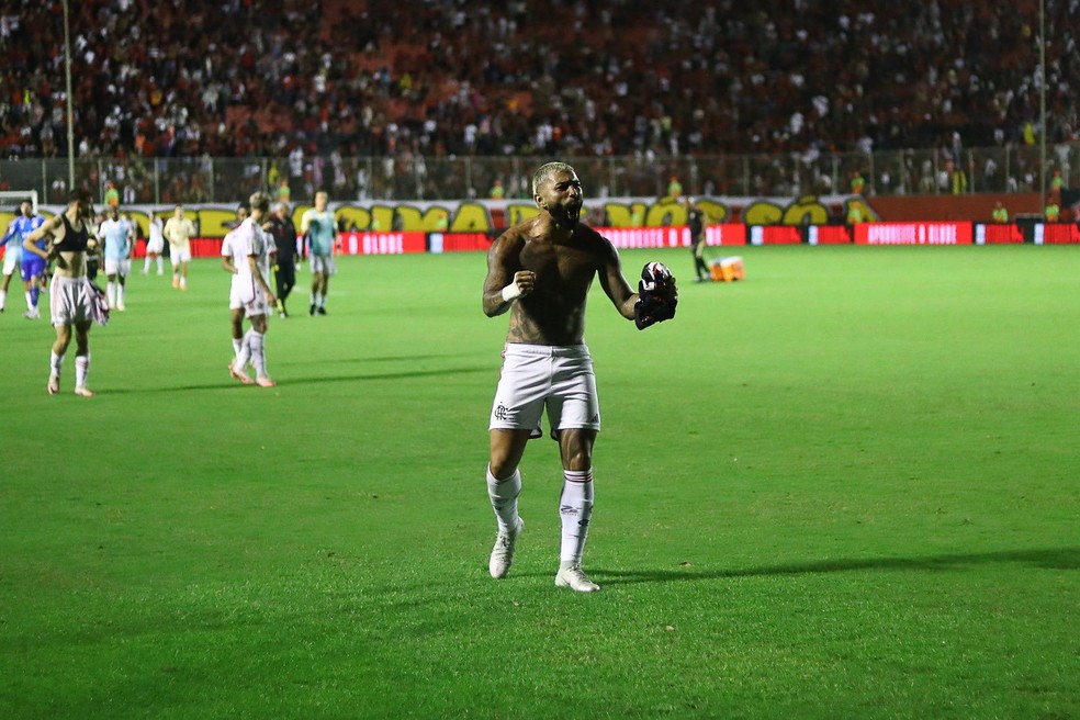 Gabigol comemora vitória com a torcida do Flamengo — Foto: Gilvan de Souza