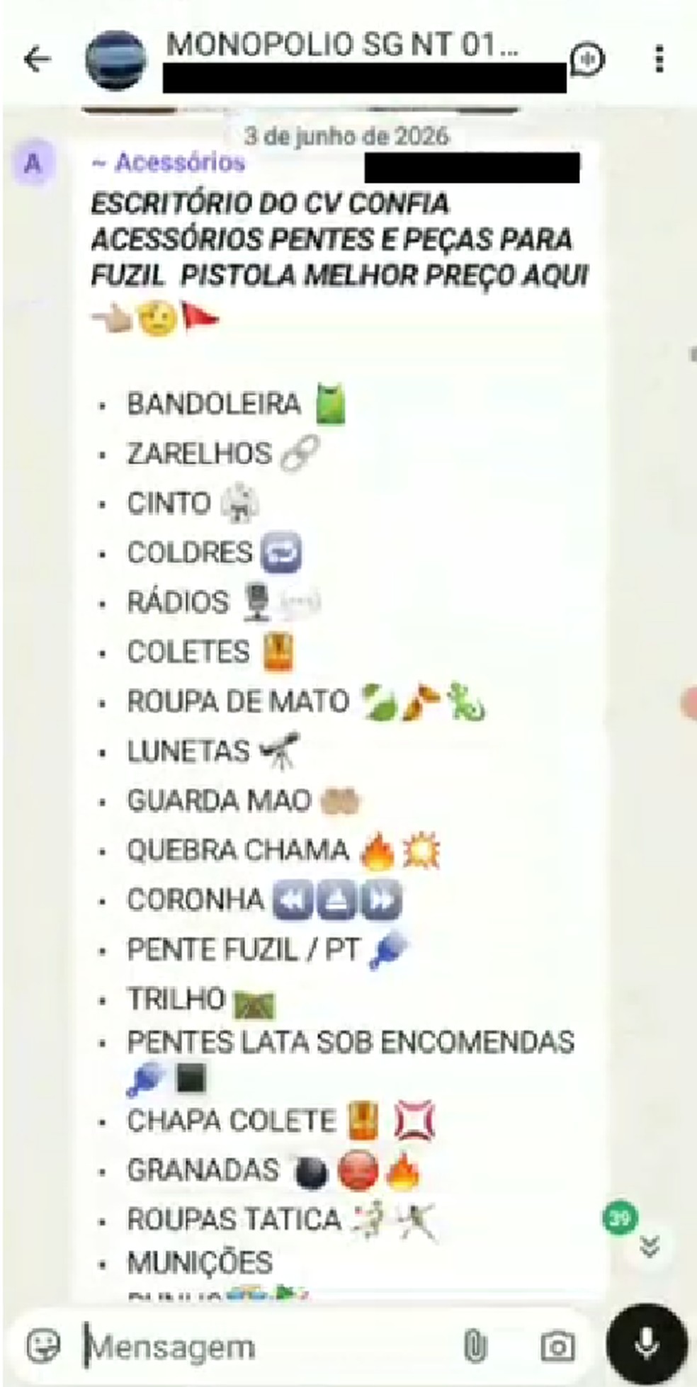 'Escritório do CV': criminoso anuncia lista de equipamentos associados a ações criminosas em grupo — Foto: Reprodução