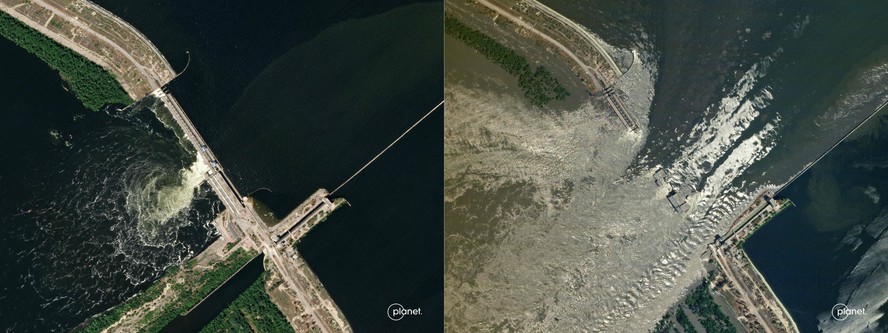 Imagem de satélite mostra a barragem da Usina Hidrelétrica de Kakhovka em 5 de junho e no dia seguinte, após ter sido danificada