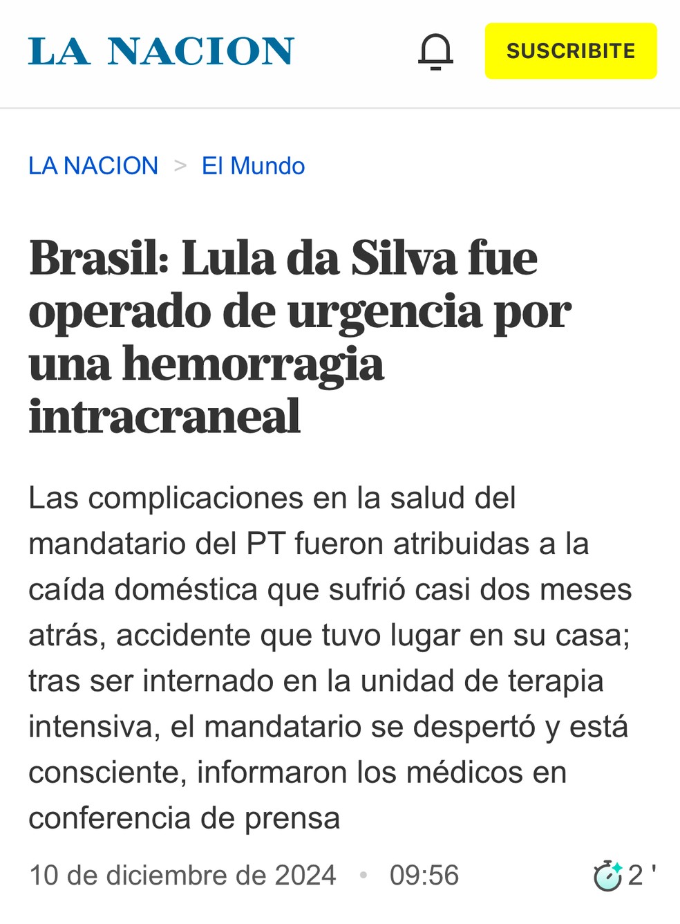 Cirurgia de Lula no La Nacion &mdash; Foto: Reprodu&ccedil;&atilde;o