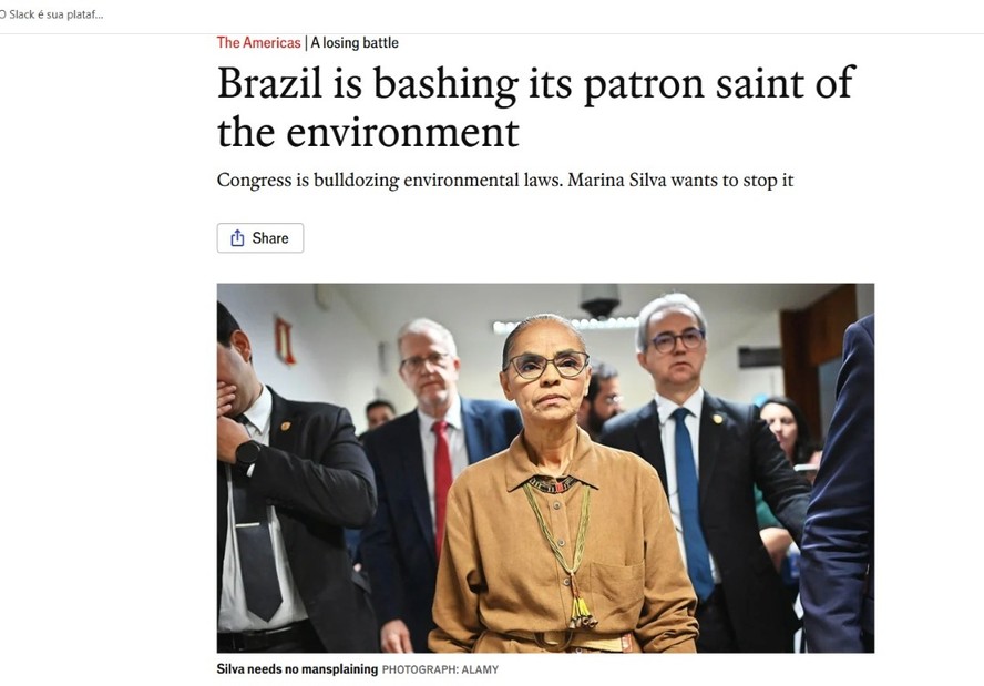 A revista brit&acirc;nica destaca ataques &agrave; ministra Marina Silva e desmonte de leis ambientais pelo Congresso