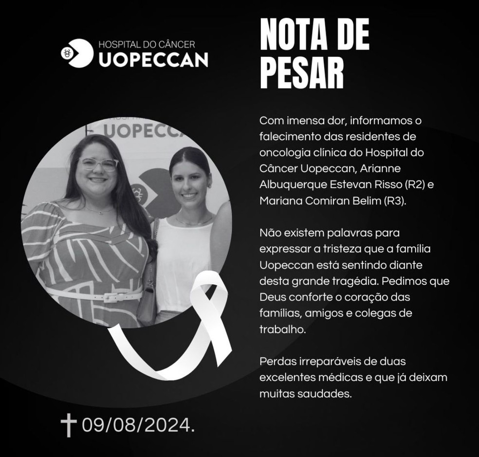 Arianne Albuquerque Estevan Risso e Mariana Comiran Belim iam para um congresso de oncologia em São Paulo — Foto: Reprodução da internet