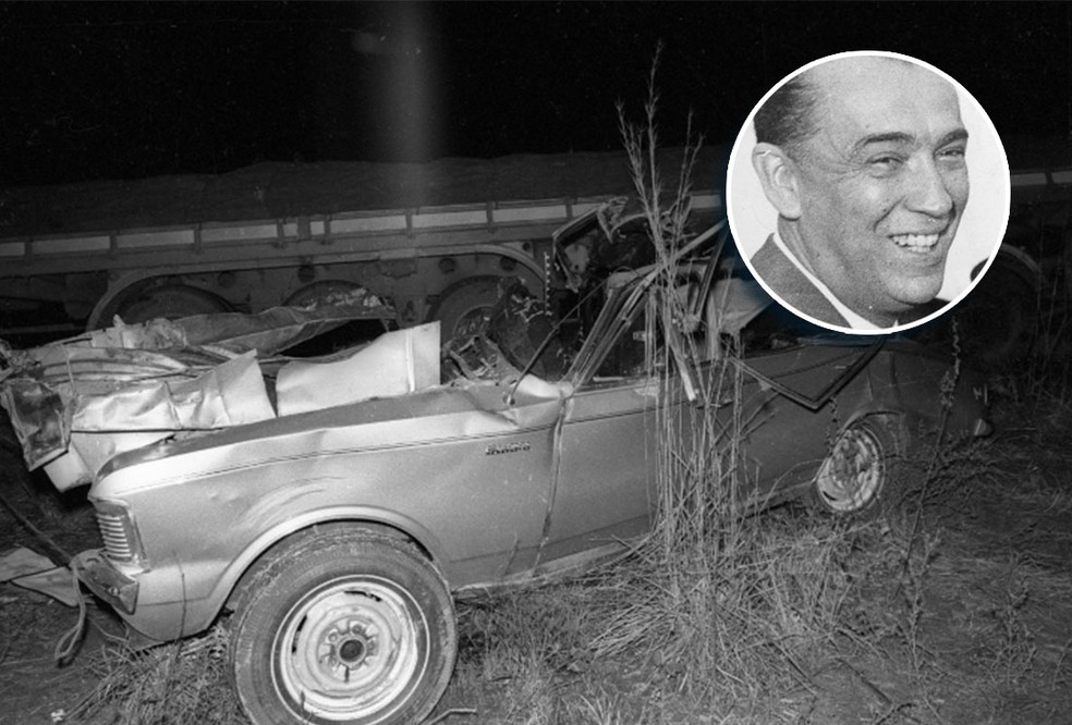 Juscelino Kubitschek: Opala destruído após colisão que matou ex-presidente, em 1976 — Foto: Arquivo/Agência O GLOBO