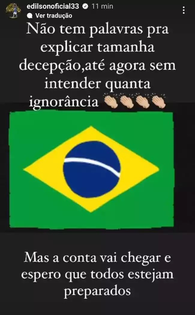 Ex-Botafogo, Edílson, hoje no Grêmio, chamou eleitores de Lula de ignorantes, mas publicou mensagem com erros ortográficos — Foto: Reprodução/Instagram