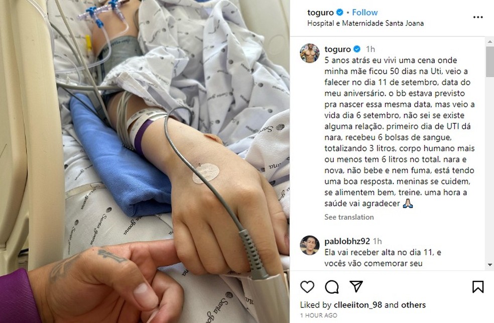 Influencer Toguro comentou sobre estado de saúde da mulher em post no Instagram — Foto: Reprodução
