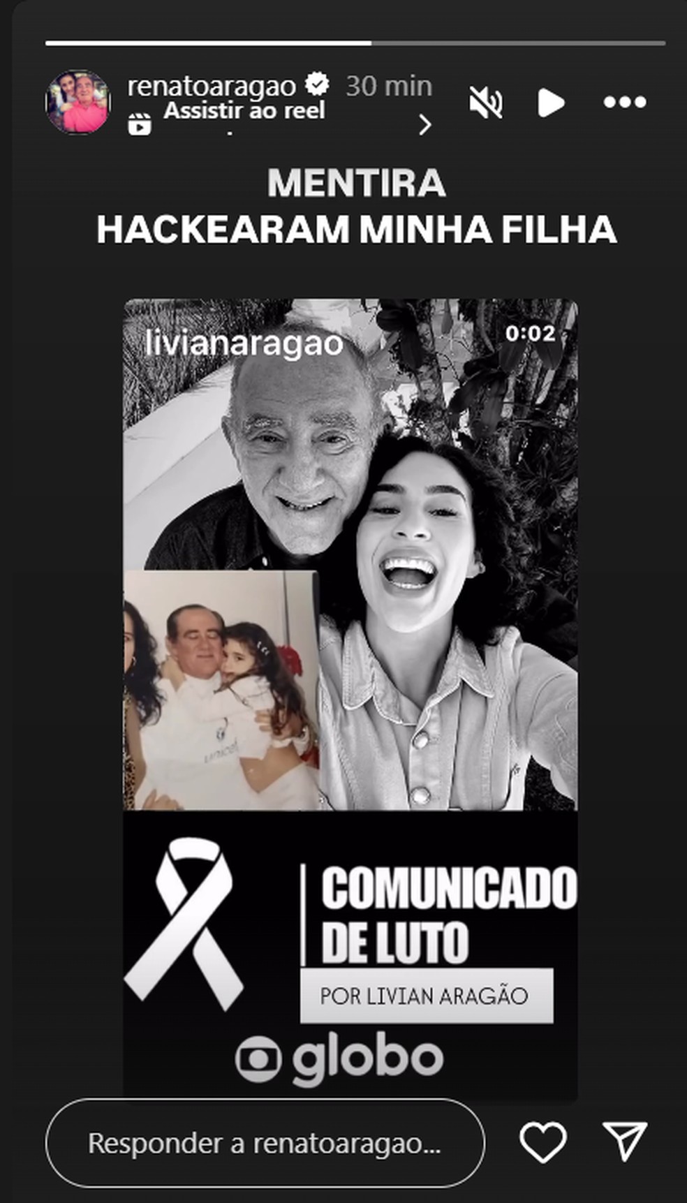 Renato Aragão diz que conta da filha foi hackeada e que notícia de sua morte é falsa — Foto: Reprodução Instagram