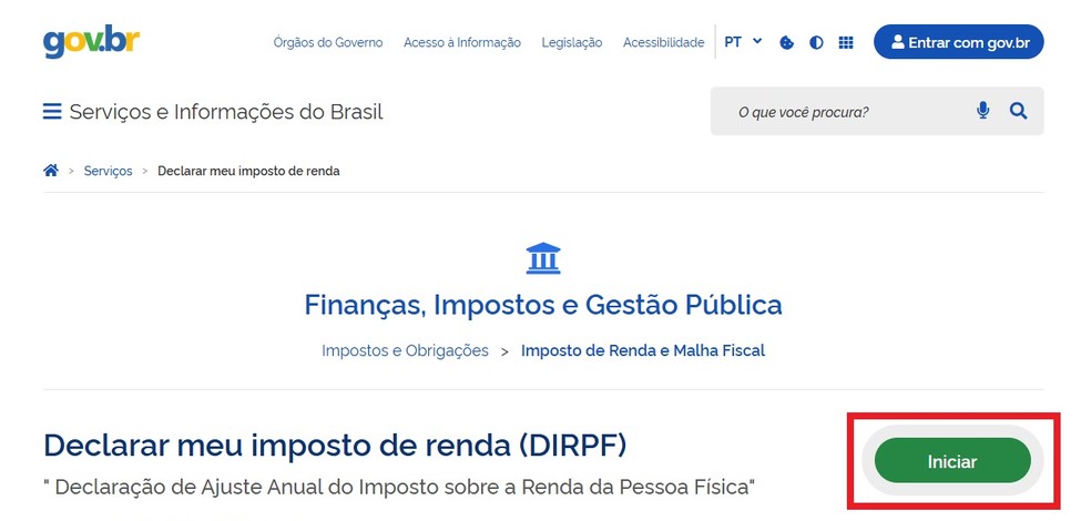 Na página de resumo da declaração, clique em iniciar. — Foto: Reprodução