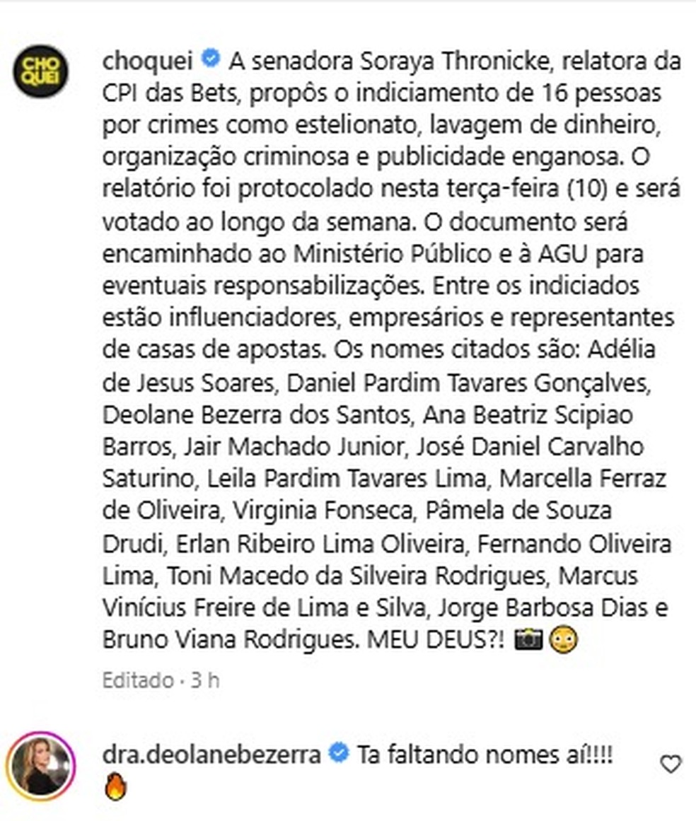 Deolane Bezerra faz comentário sobre indiciamento na CPI das Bets — Foto: Reprodução