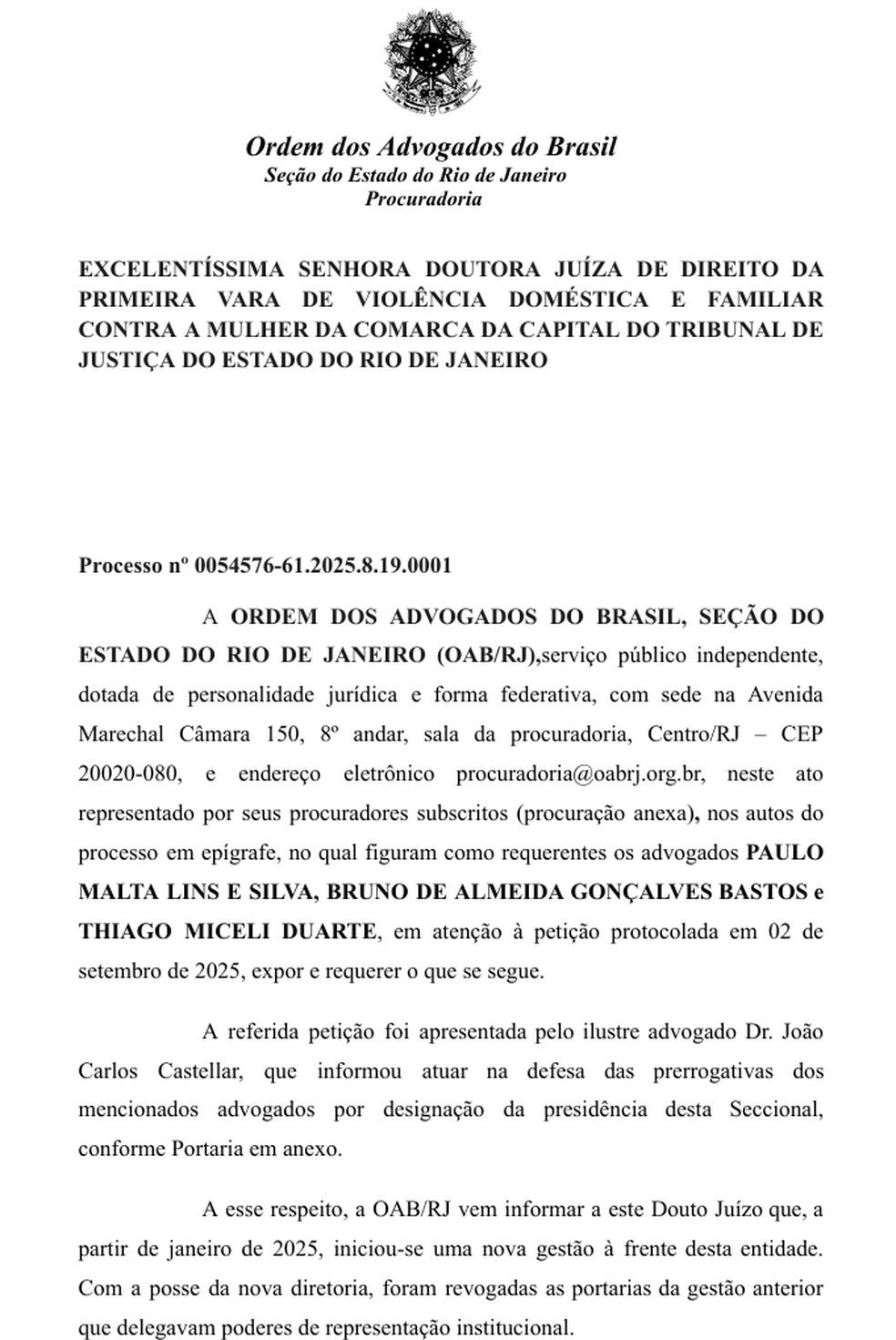 petição daoab-rjcomunicandoàvarade deaverência Domésticaque castellarnãonnua na defesa defesa das das progrogativas - foto: reprodução