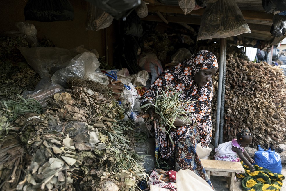 Bintou Traoré, vendedora ambulante, vende plantas medicinais no mercado de Korhogo — Foto: Arlette Bashizi/The New York Times