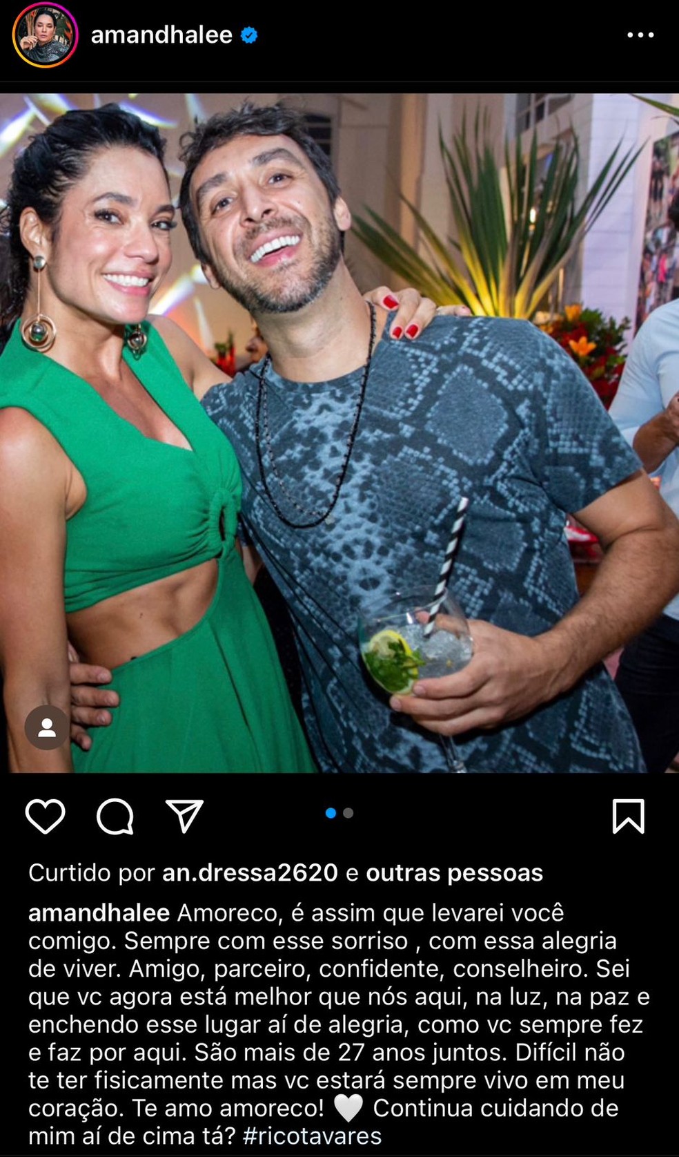 Atriz Amanda Lee se despediu de Rico Tavares pelo Instagram — Foto: Reprodução