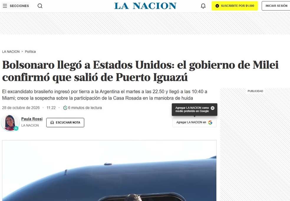 La Nacion: Mídia internacional repercute chegada de Flávio nos EUA — Foto: La Nacion