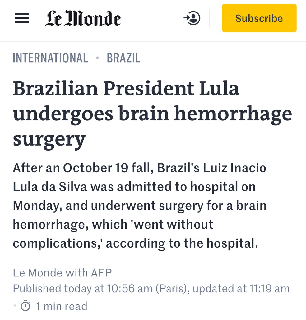Cirurgia de Lula no Le Monde &mdash; Foto: Reprodu&ccedil;&atilde;o