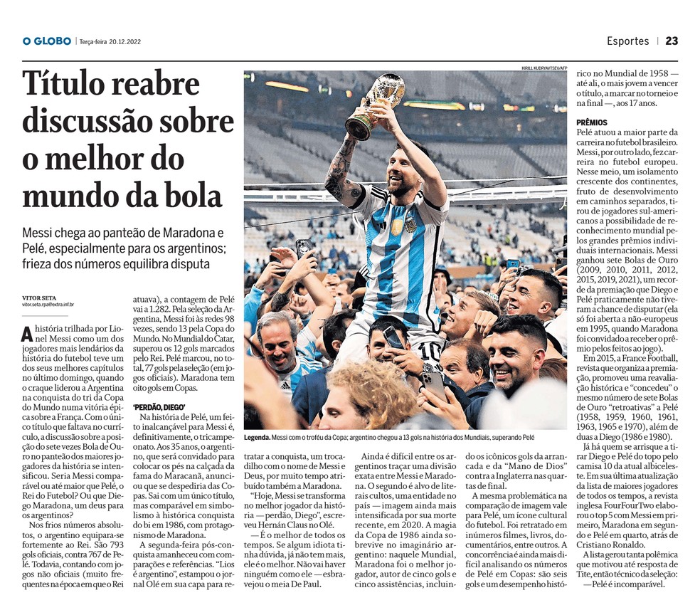 Copa do Mundo de 2022 de Messi reabre debate com Pelé e Maradona — Foto: Acervo / Jornal O Globo