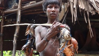 Criança de povo isolado da Indonésia segura instrumento de caça junto a animais capturados — Foto: Ketan Patel/Survival