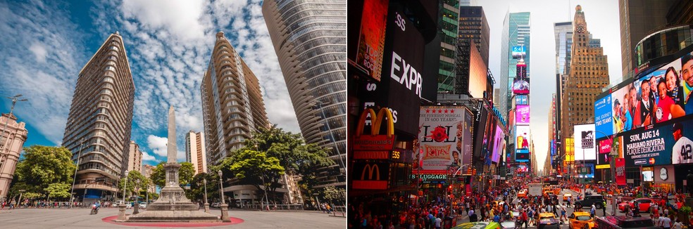 À esquerda, a Praça Sete, no centro de BH; à direita, a Times Square, nos EUA — Foto: Belotur e Pixabay