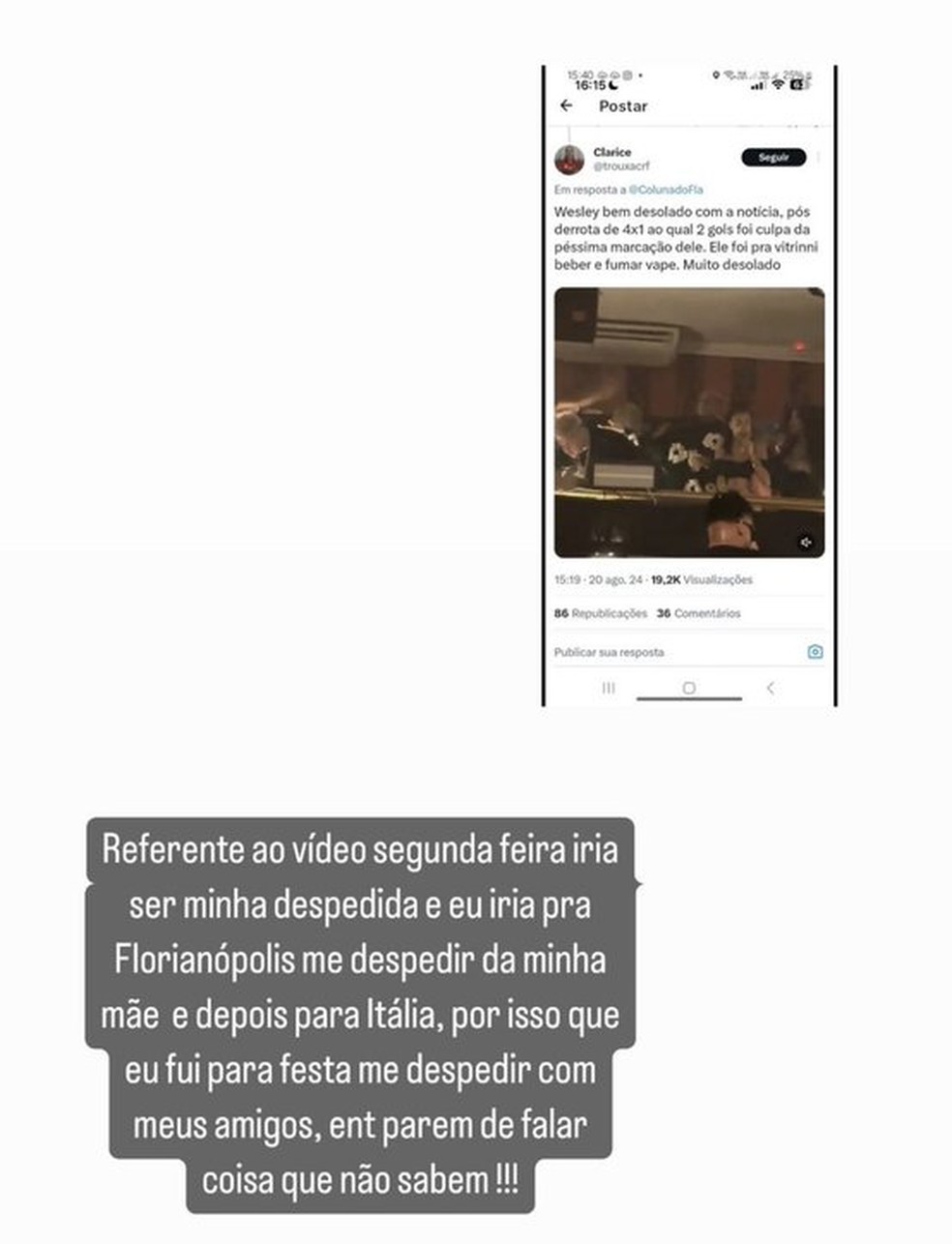 Wesley explica ida a boate após goleada sofrida pelo Flamengo — Foto: Reprodução