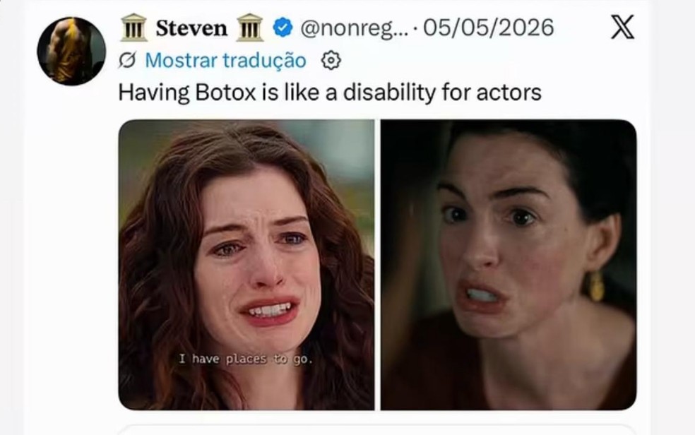 Anne Hathaway vira assunto nas redes ap&oacute;s compara&ccedil;&atilde;o de cenas &mdash; Foto: Reprodu&ccedil;&atilde;o X