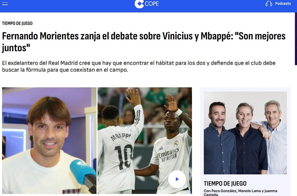 Ex-atacante do Real Madrid, Fernando Morientes, disse ao portal Cope que Vin&iacute;cius e Mbapp&eacute; jogam melhores juntos &mdash; Foto: Reprodu&ccedil;&atilde;o