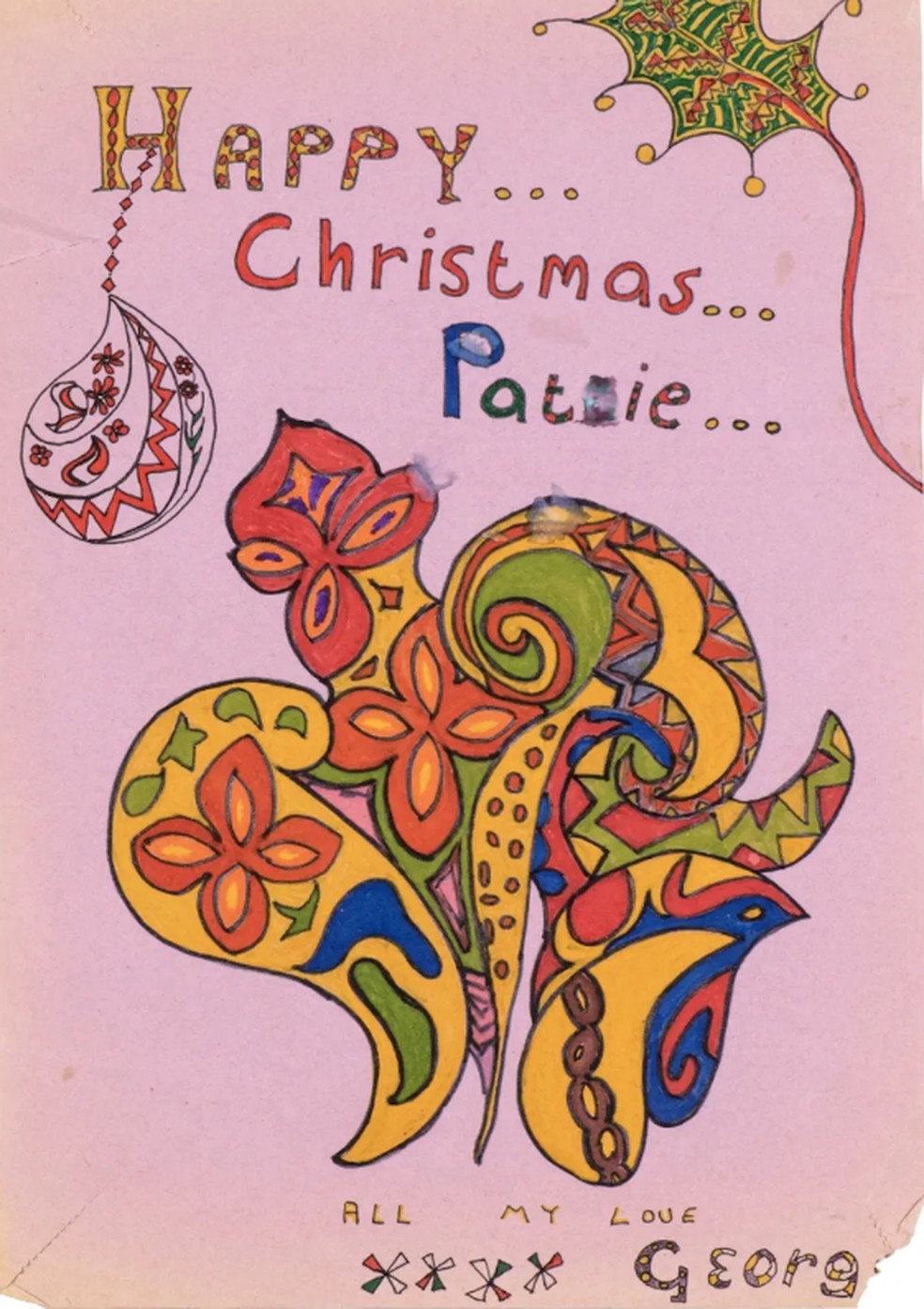 Mensagem de Natal de George Harrison para Pattie Boyd — Foto: Reprodução