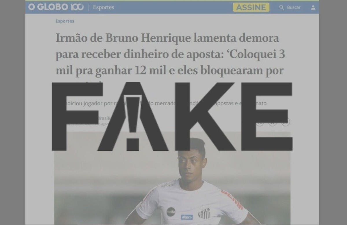 É #FAKE que O GLOBO tenha publicado foto de Bruno Henrique com camisa do Santos em notícia sobre apostas