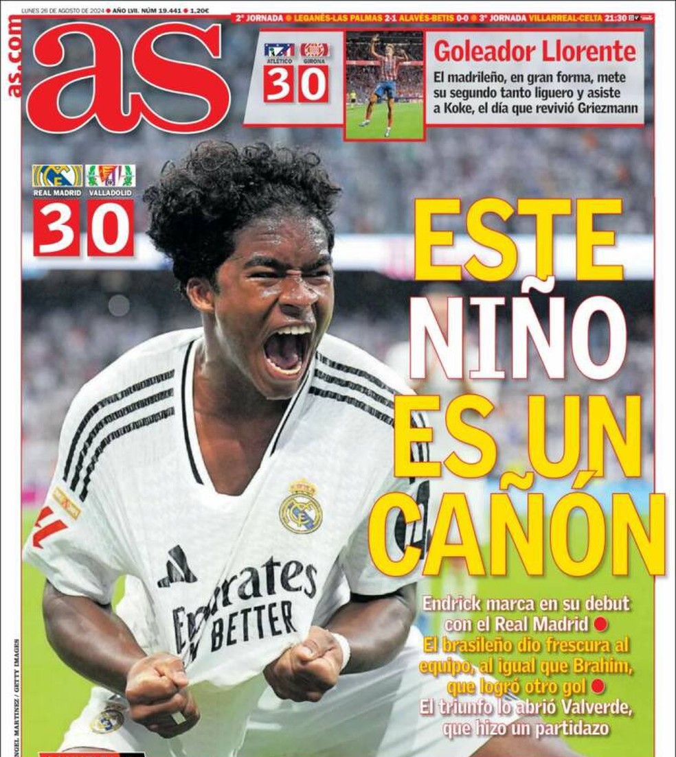 Jornal Diario AS destacou primeiro gol de Endrick na capa — Foto: Reprodução/Redes sociais