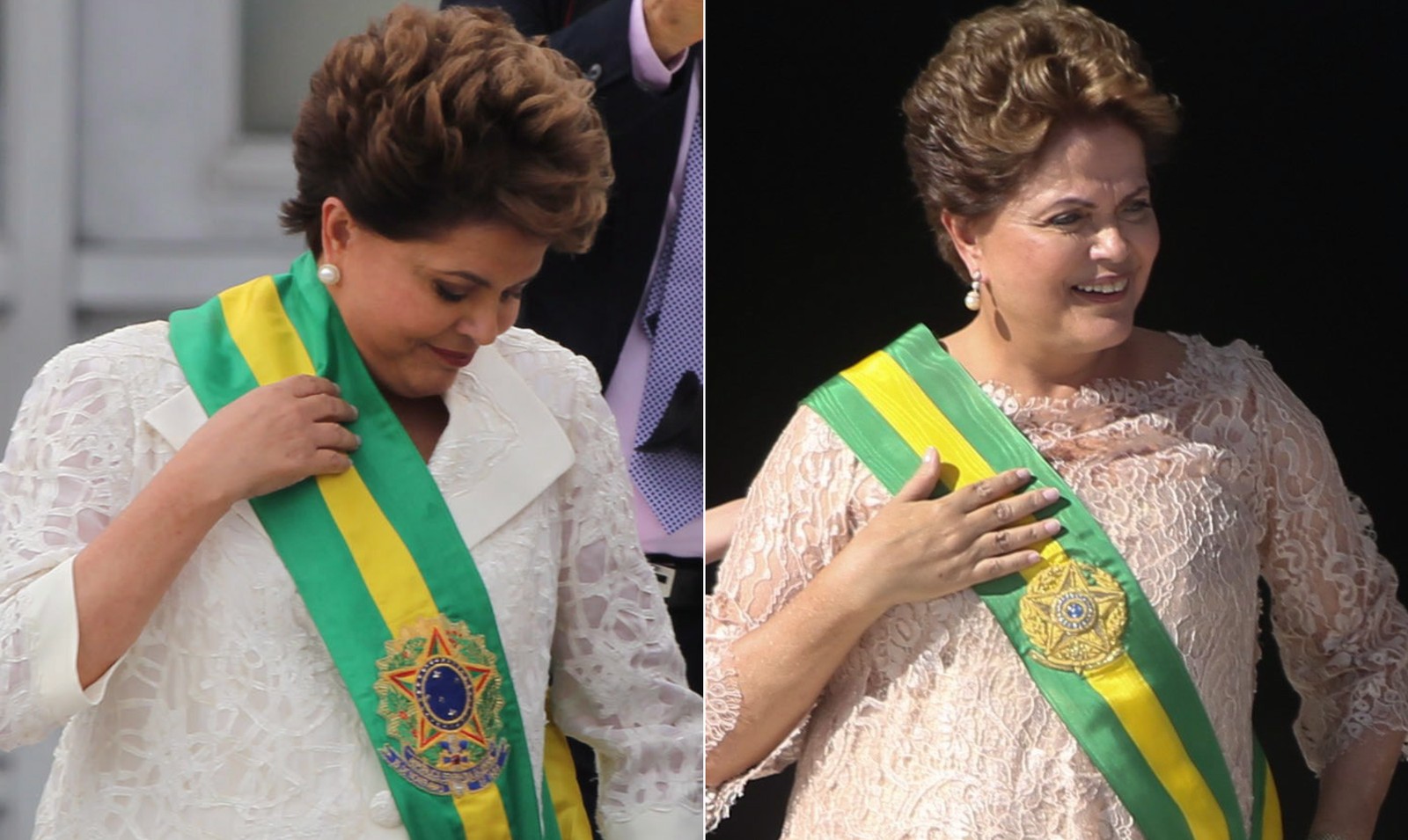Dilma com a faixa comprada por Lula, em 2011 (à esquerda); e em 2015 com a peça antiga, estreada por Collor — Foto: Montagem