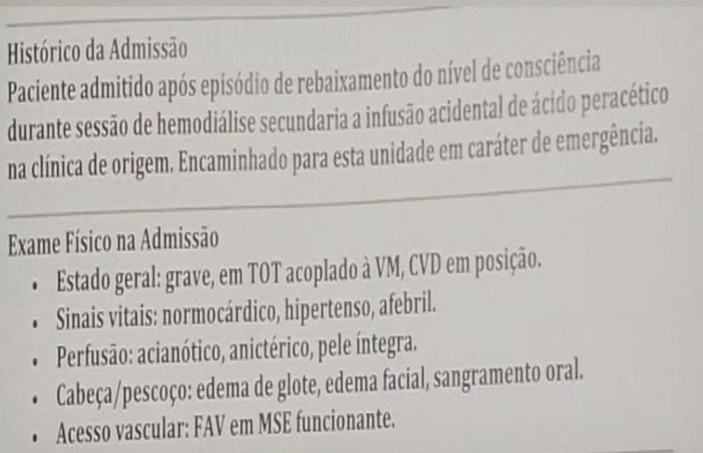 Trecho de boletim médico registrado quando Bruno deu entrada em Pronto Socorro: infusão de ácido peracético — Foto: Reprodução
