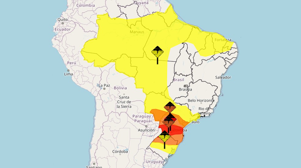 Região Sul enfrenta temporais neste sábado, e chuva atinge 21 estados, mas Sudeste terá 'calorão' — Foto: Reprodução