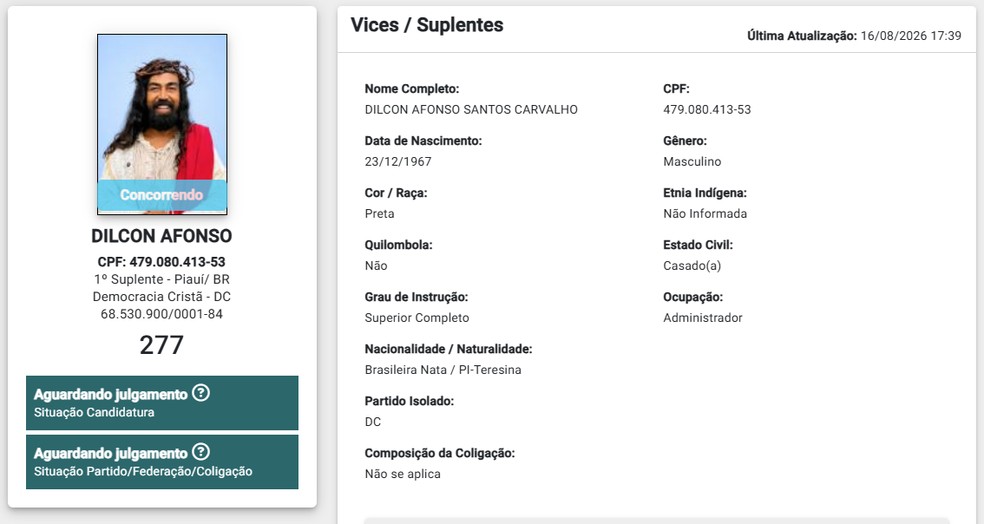 O perfil no DivulgaCand de Dilcon Afonso Santos Carvalho — Foto: DivulgaCand