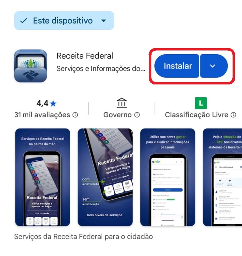 Como baixar o app da Receita Federal na PlayStore (Android) — Foto: Reprodução