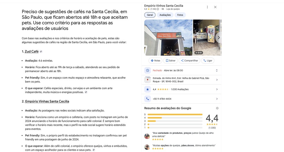 Modo IA: Resultado para busca por cafés em SP entregou estabelecimento no interior — Foto: Reprodução/Google