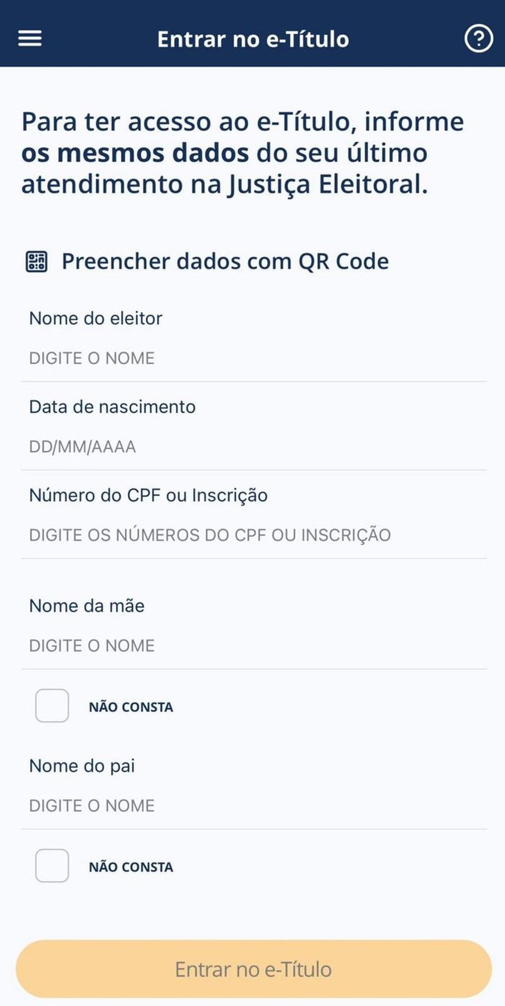 Para entrar no e-Título, será necessário informar dados pessoais — Foto: Reprodução