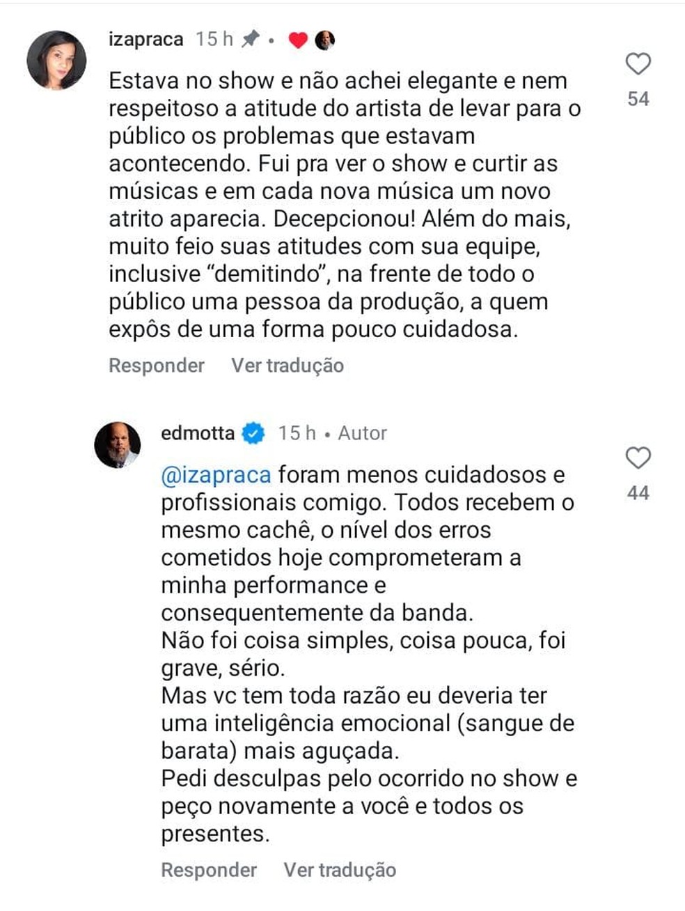 Ed Motta se desculpa com fã após confusão em show — Foto: Reprodução/Instagram