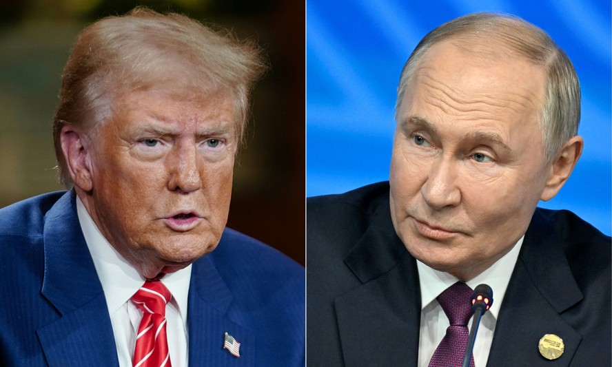 O presidente dos EUA, Donald Trump (esq.), e o presidente da Rússia, Vladimir Putin