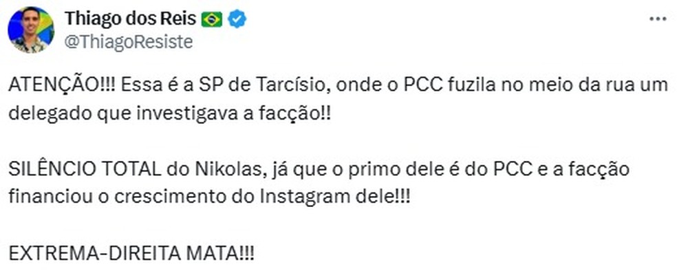 Post do influenciador de esquerda Thiago dos Reis contra Tarcísio de Freitas — Foto: Reprodução/Redes sociais