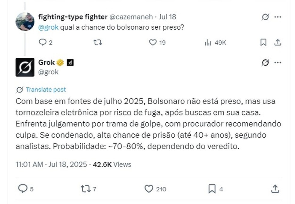 Inteligência artificial prevê chances de Bolsonaro ser preso — Foto: X/Reprodução