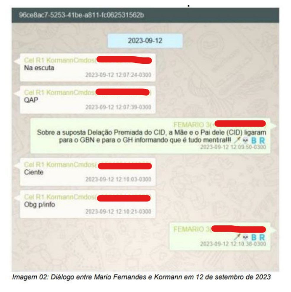 Diálogos entre Mário Fernandes e coronel da reserva cita ligação de pais de Cid para Braga Netto e Augusto Heleno — Foto: Reprodução