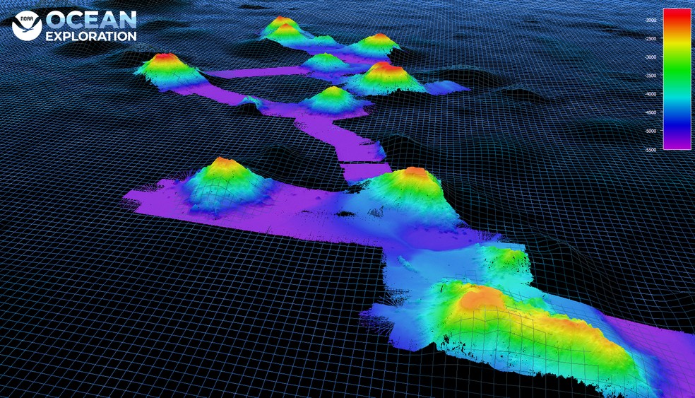 Mapeamento de montanhas submarinas — Foto: Imagem cortesia de NOAA Ocean Exploration, 2021 North Atlantic Stepping Stones: New England e Corner Rise Seamounts