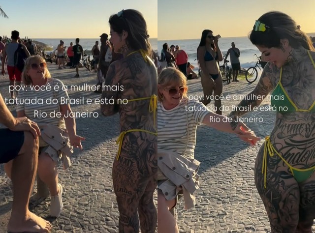 Modelo 'mais tatuada do Brasil' impressiona turistas em praia do Rio