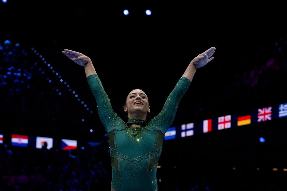 Sophia Weisberg acertou o Yurchenko com dupla pirueta na final e tirou uma nota alta, 14.033 pontos — Foto: Créditos: MeloGym/CBG