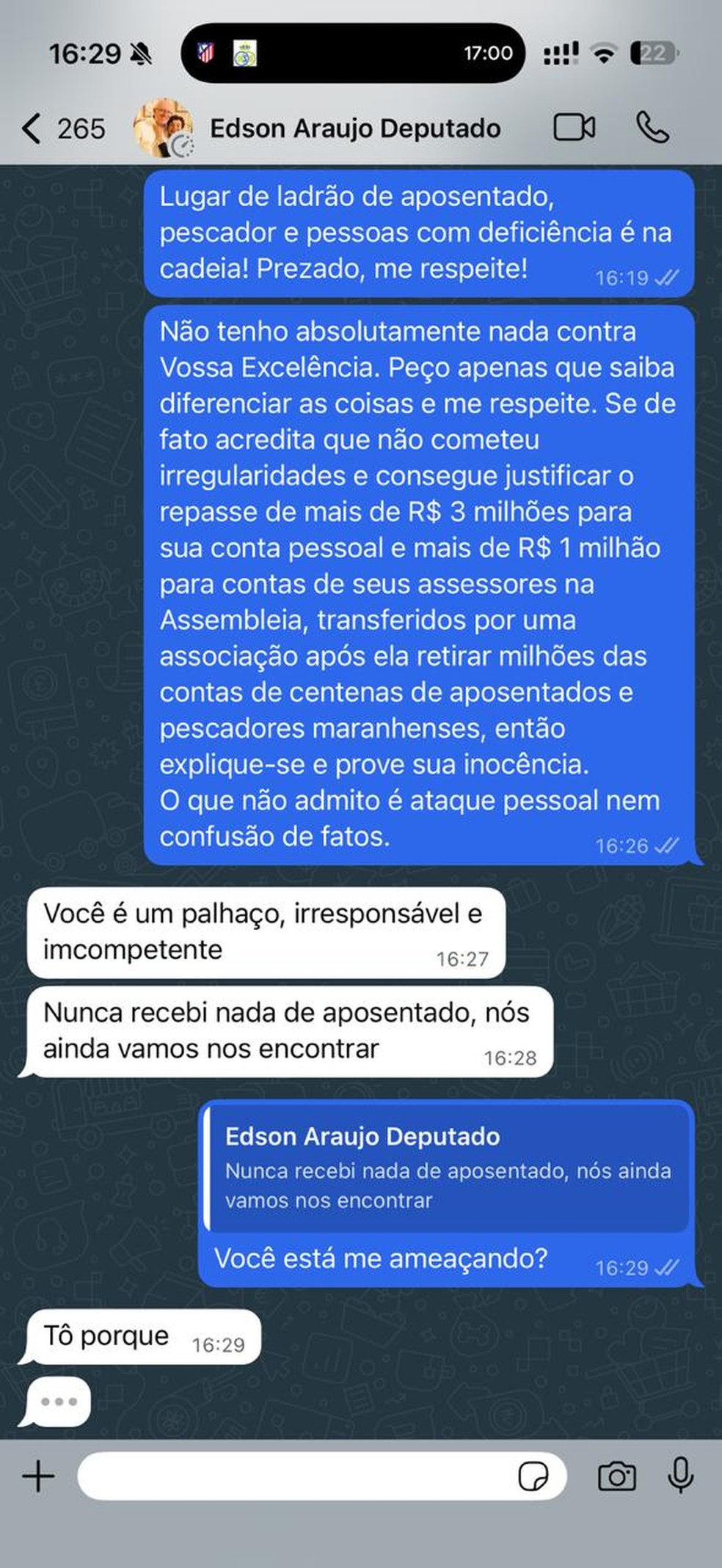Troca de mensagens entre vice da CPI do INSS e deputado estadual — Foto: Reprodução