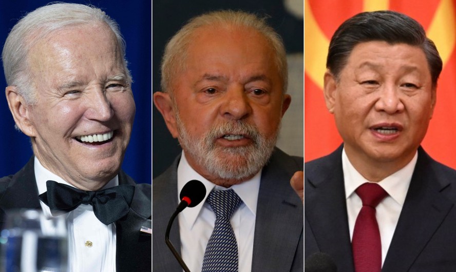 Presidente dos Estados Unidos, Joe Biden; presidente do Brasil, Luiz Inácio Lula da Silva; e presidente da China, Xi Jinping